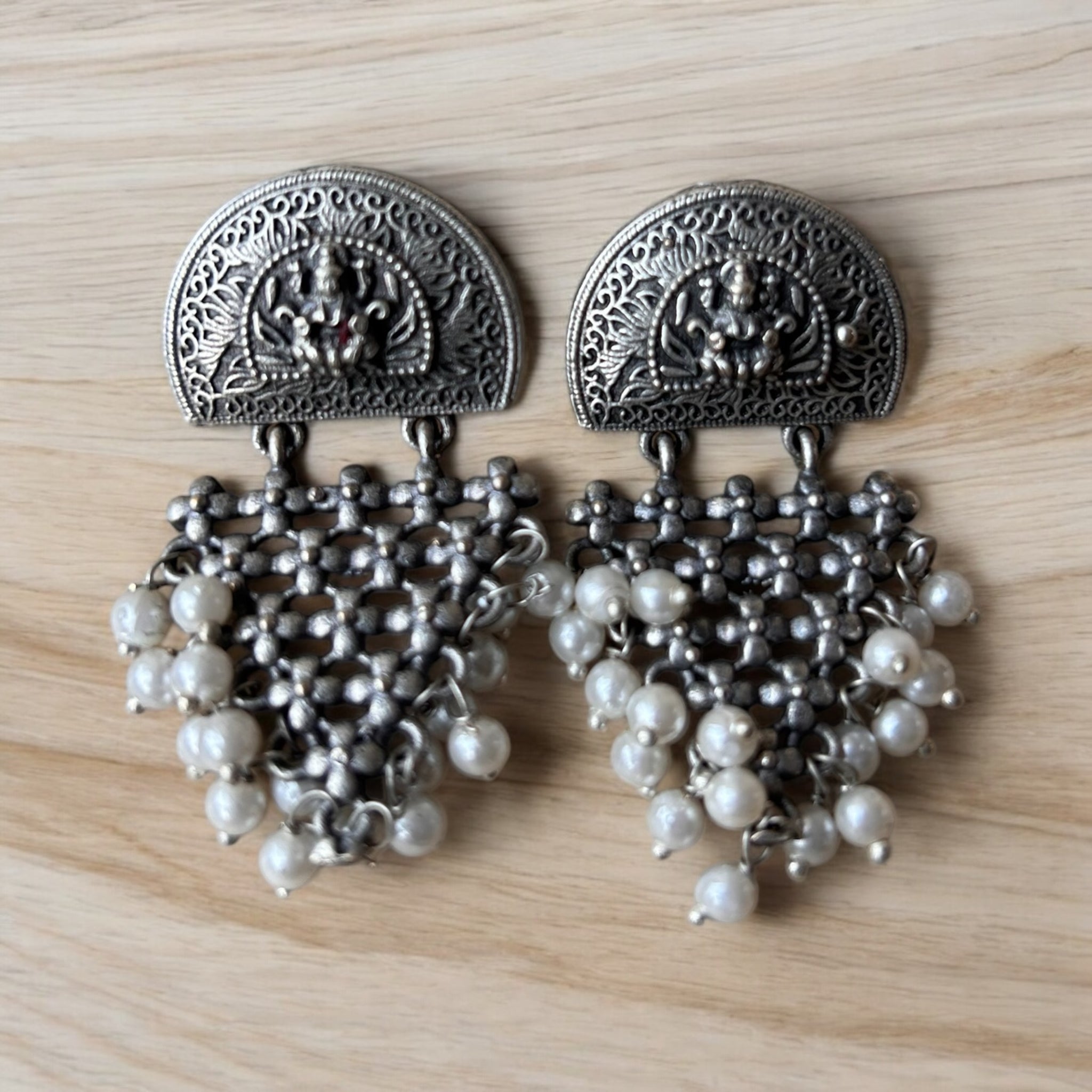 Goddess carved Earrings with White Pearls